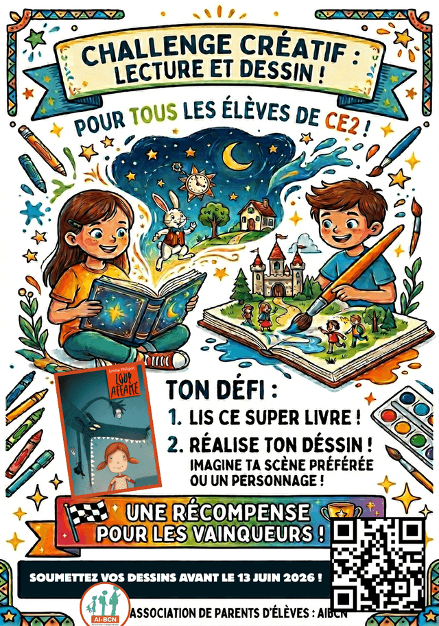 Affiche du Challenge Créatif 2026 — Lecture et Dessin pour les CE2